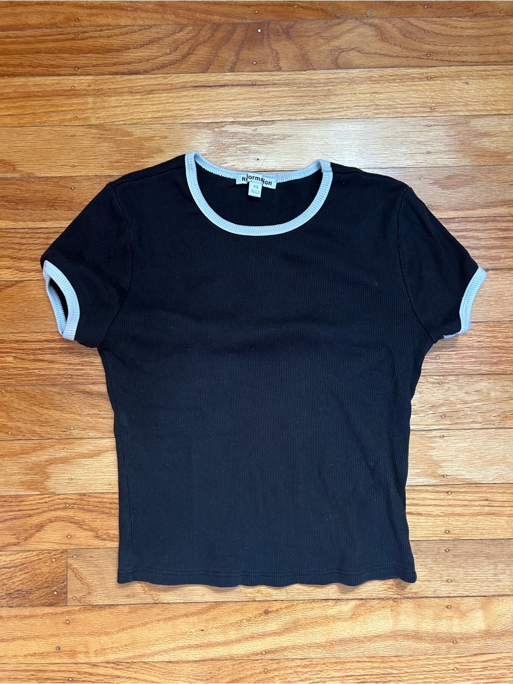 Petite Black Ribbed Ringer Tee with White Trim